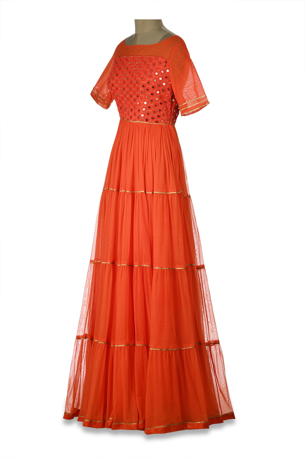 Shop beautiful orange embroidered net tiered Anarkali gown online in USA. Shine at weddings and special occasions with beautiful Indian designer Anarkali suits, salwar suits, sharara suits, designer lehengas from Pure Elegance Indian clothing store in USA.-SIDE