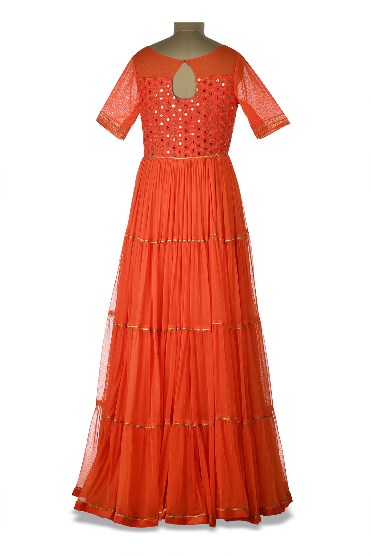 Shop beautiful orange embroidered net tiered Anarkali gown online in USA. Shine at weddings and special occasions with beautiful Indian designer Anarkali suits, salwar suits, sharara suits, designer lehengas from Pure Elegance Indian clothing store in USA.-back