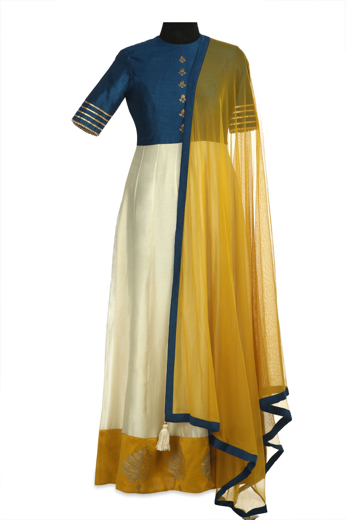 Buy beautiful ivory and blue color embroidered chanderi Anarkali online in USA with yellow dupatta. Shine at weddings and special occasions with beautiful Indian designer Anarkali suits, salwar suits, sharara suits, designer lehengas from Pure Elegance Indian clothing store in USA.-full view