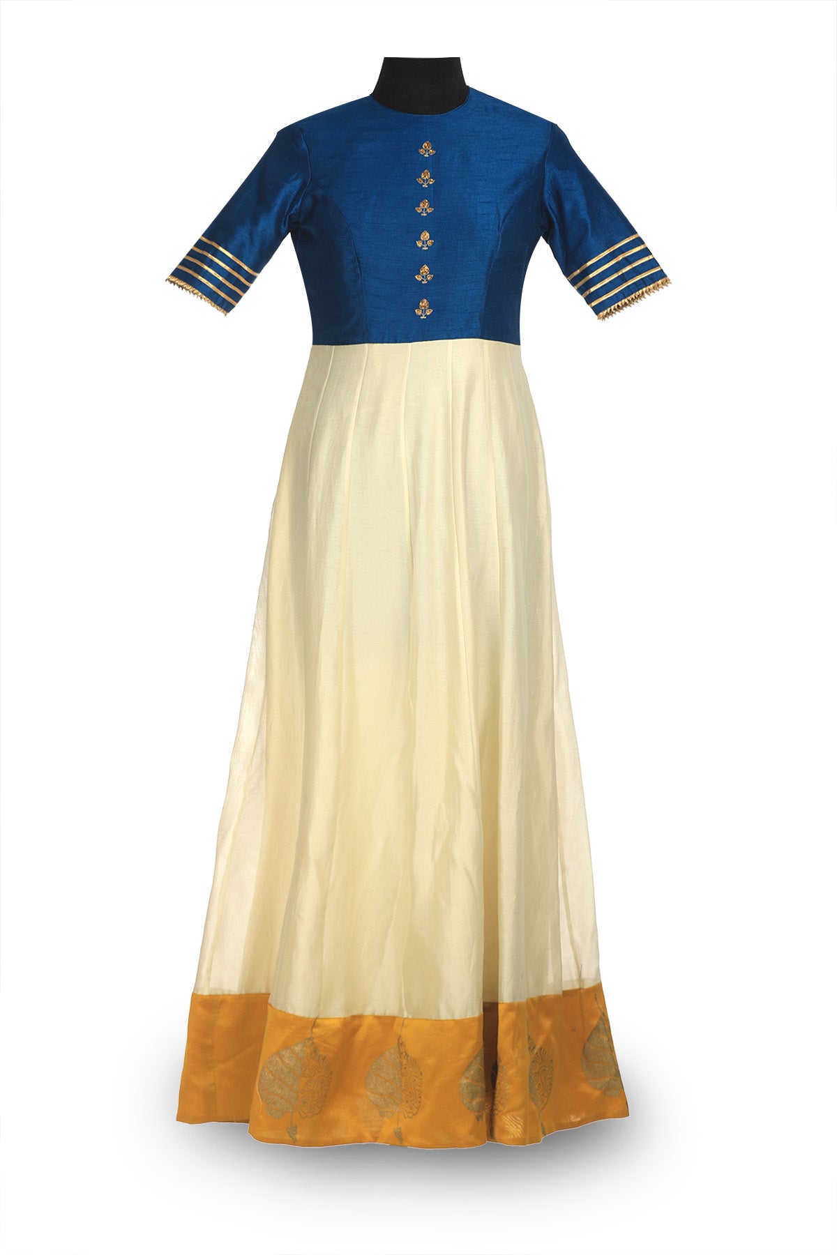 Buy beautiful ivory and blue color embroidered chanderi Anarkali online in USA with yellow dupatta. Shine at weddings and special occasions with beautiful Indian designer Anarkali suits, salwar suits, sharara suits, designer lehengas from Pure Elegance Indian clothing store in USA.-without dupatta