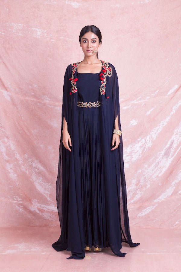Buy contemporary navy embroidered art georgette suit online in USA with embroidered cape. Keep your wardrobe updated with a latest collection of designer Indian dresses, designer suits, Indowestern dresses, Anarkali suits from Pure Elegance Indian fashion store in USA.-full view