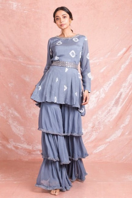 Buy contemporary grey embroidered and printed chiffon designer suit online in USA. Champion ethnic fashion on weddings and festivals with a stunning collection of designer Indian dresses, Indowestern outfits, salwar suits, Anarkali suits from Pure Elegance Indian fashion store in USA.-full view