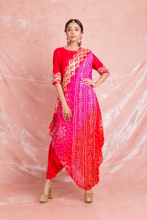 Buy beautiful red Mysore silk designer suit online in USA with pink draped Bandhej dupatta. Champion ethnic fashion on weddings and festivals with a stunning collection of designer Indian dresses, Indowestern outfits, salwar suits, Anarkali suits from Pure Elegance Indian fashion store in USA.-full view