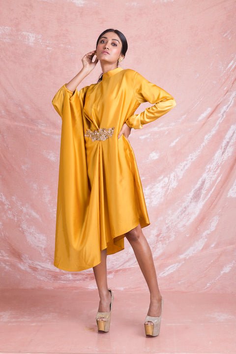50Z193-RO Yellow Embroidered Satin Draped Dress