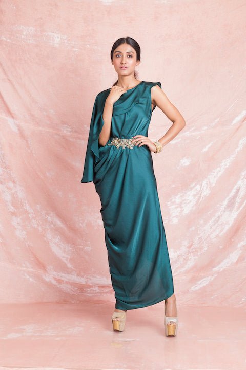 Shop gorgeous teal color embroidered draped satin dress online in USA. Keep your wardrobe updated with a latest collection of designer Indian dresses, designer suits, Indowestern dresses, Anarkali suits from Pure Elegance Indian fashion store in USA.-full view