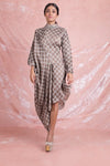 Buy contemporary grey check tussar draped dress online in USA. Keep your wardrobe updated with a latest collection of designer Indian dresses, designer suits, Indowestern dresses, Anarkali suits from Pure Elegance Indian fashion store in USA.-full view
