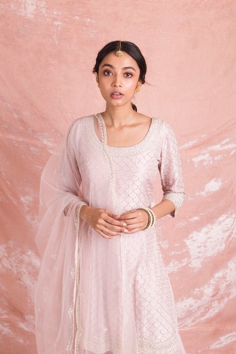 Shop stunning powder pink embroidered Banarasi sharara suit online in USA with organza dupatta. Champion ethnic fashion on weddings and festivals with a stunning collection of designer Indian dresses, Indowestern outfits, salwar suits, Anarkali suits from Pure Elegance Indian fashion store in USA.-closeup