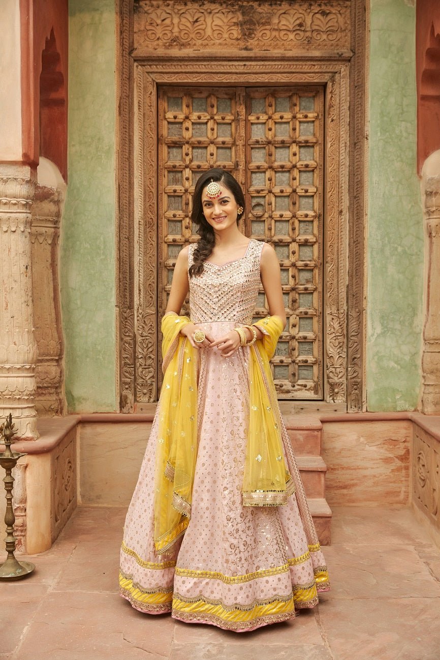 50Z264-RO Powder Pink Embroidered Banarasi Anarkali Suit with Dupatta