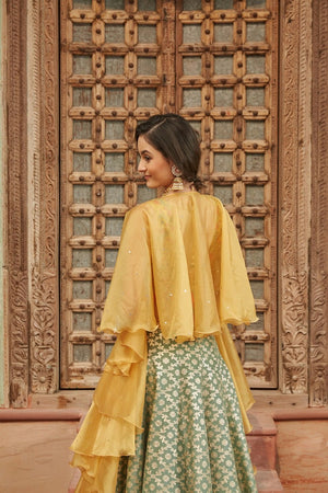 Shop beautiful yellow and green embroidered Banarasi lehenga online in USA with dupatta. Elevate your ethnic style with a tasteful collection of designer Anarkali, designer salwar suits, designer lehengas, sharara suits from Pure Elegance Indian clothing store in USA.-back