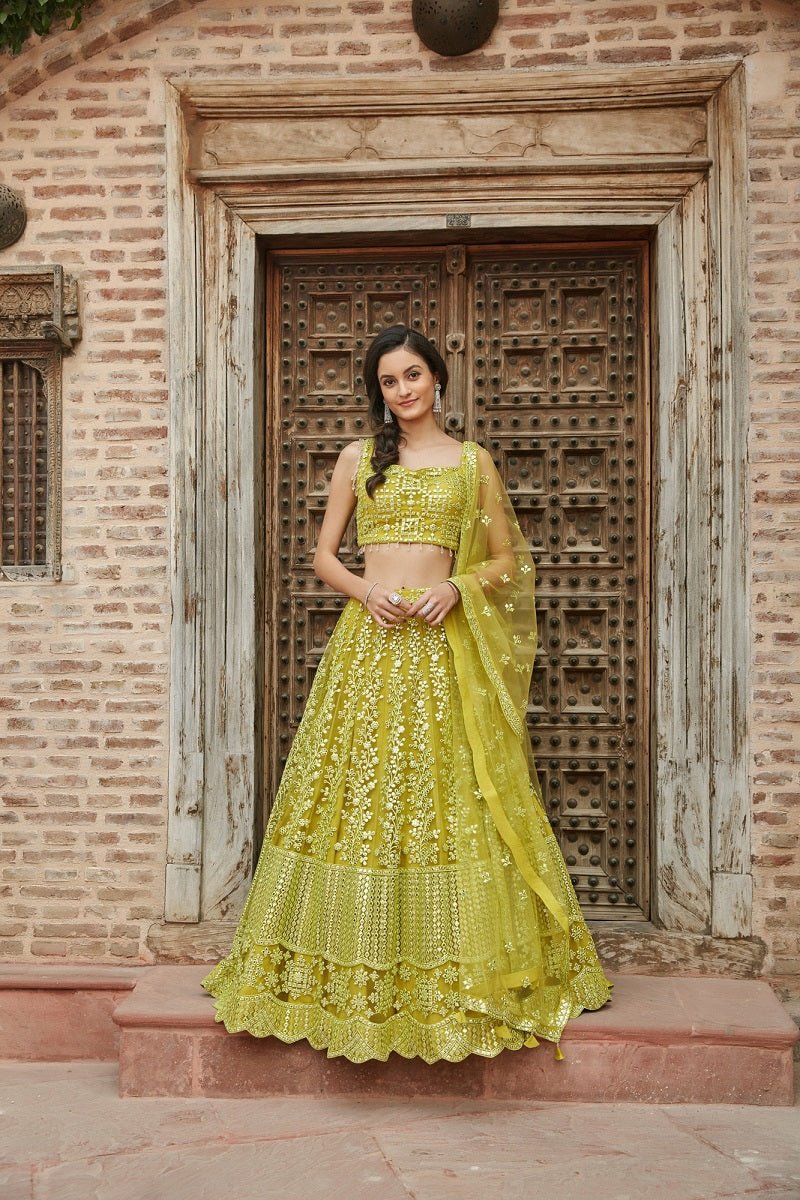 Shop beautiful light green thread embroidered net lehenga online in USA with dupatta. Elevate your ethnic style with a tasteful collection of designer Anarkali, designer salwar suits, designer lehengas, sharara suits from Pure Elegance Indian clothing store in USA.-full view