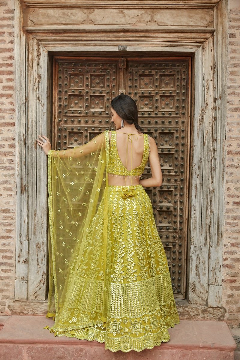 Shop beautiful light green thread embroidered net lehenga online in USA with dupatta. Elevate your ethnic style with a tasteful collection of designer Anarkali, designer salwar suits, designer lehengas, sharara suits from Pure Elegance Indian clothing store in USA.-back