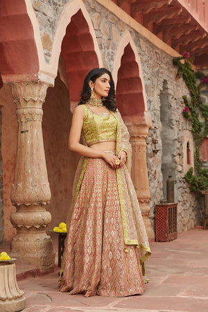 Shop stunning peach and green embroidered organza lehenga online in USA with dupatta. Elevate your ethnic style with a tasteful collection of designer Anarkali, designer salwar suits, designer lehengas, sharara suits from Pure Elegance Indian clothing store in USA.-side