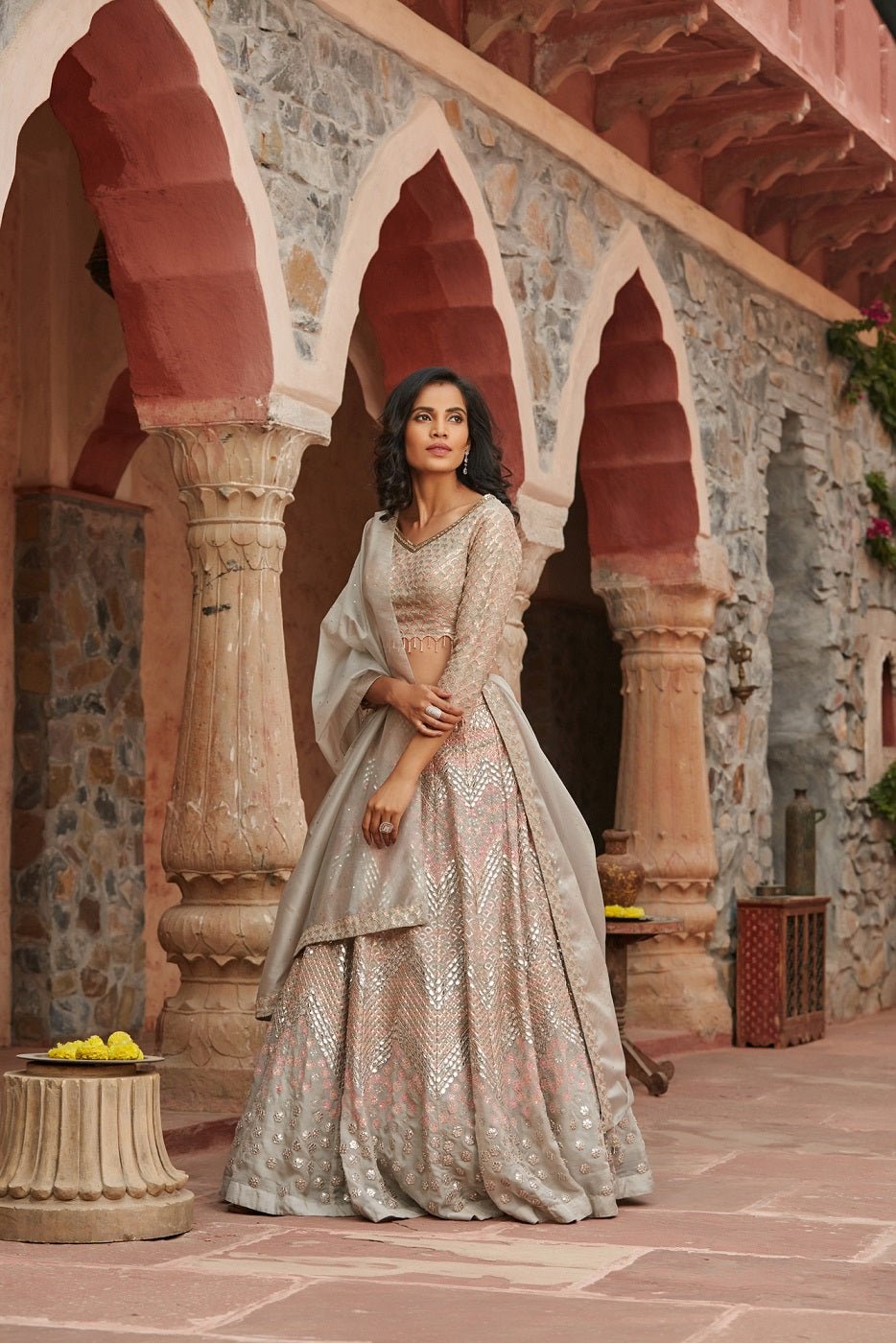 Buy stunning ivory embroidered organza lehenga online in USA with dupatta. Elevate your ethnic style with a tasteful collection of designer Anarkali, designer salwar suits, designer lehengas, sharara suits from Pure Elegance Indian clothing store in USA.-full view