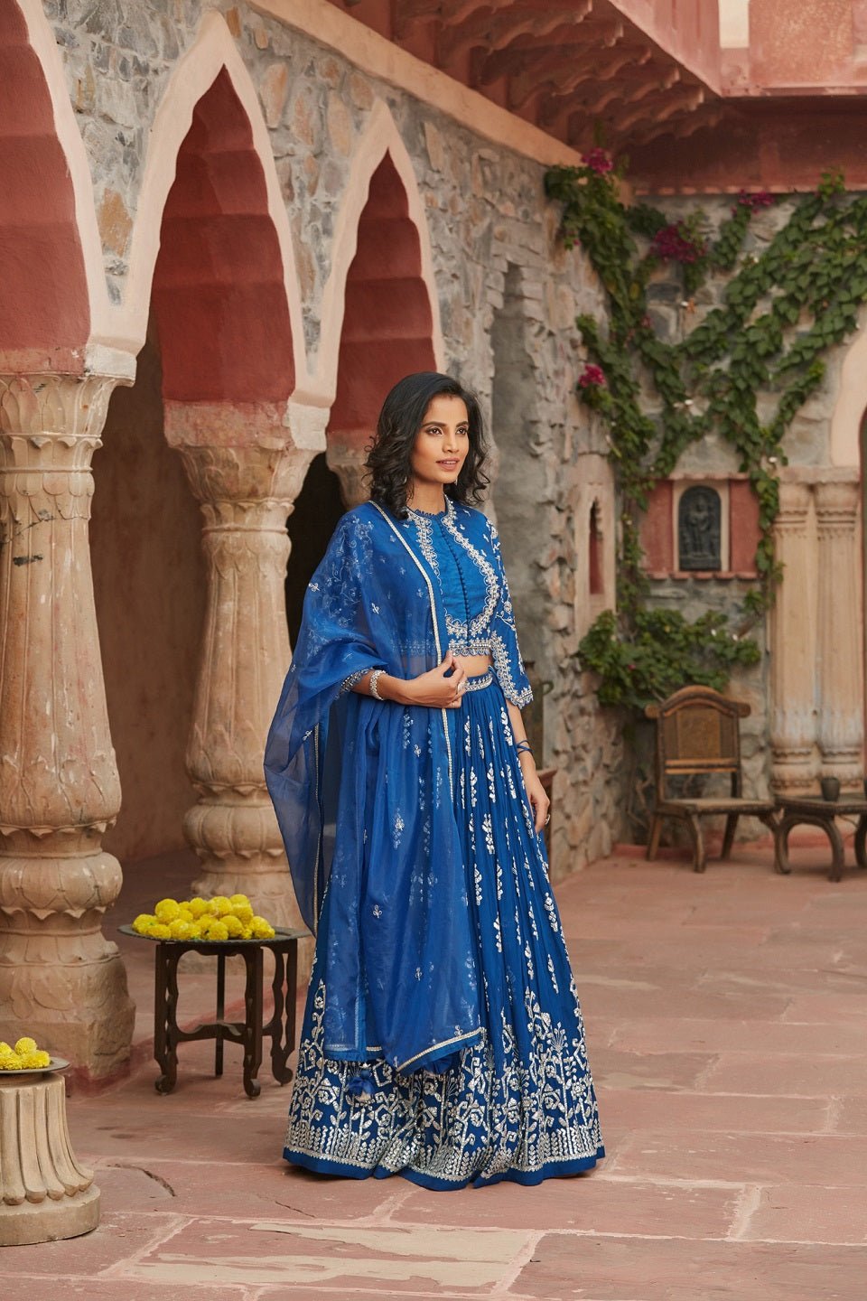 Shop stunning blue embroidered choli cut lehenga online in USA with dupatta. Elevate your ethnic style with a tasteful collection of designer Anarkali, designer salwar suits, designer lehengas, sharara suits from Pure Elegance Indian clothing store in USA.-full view
