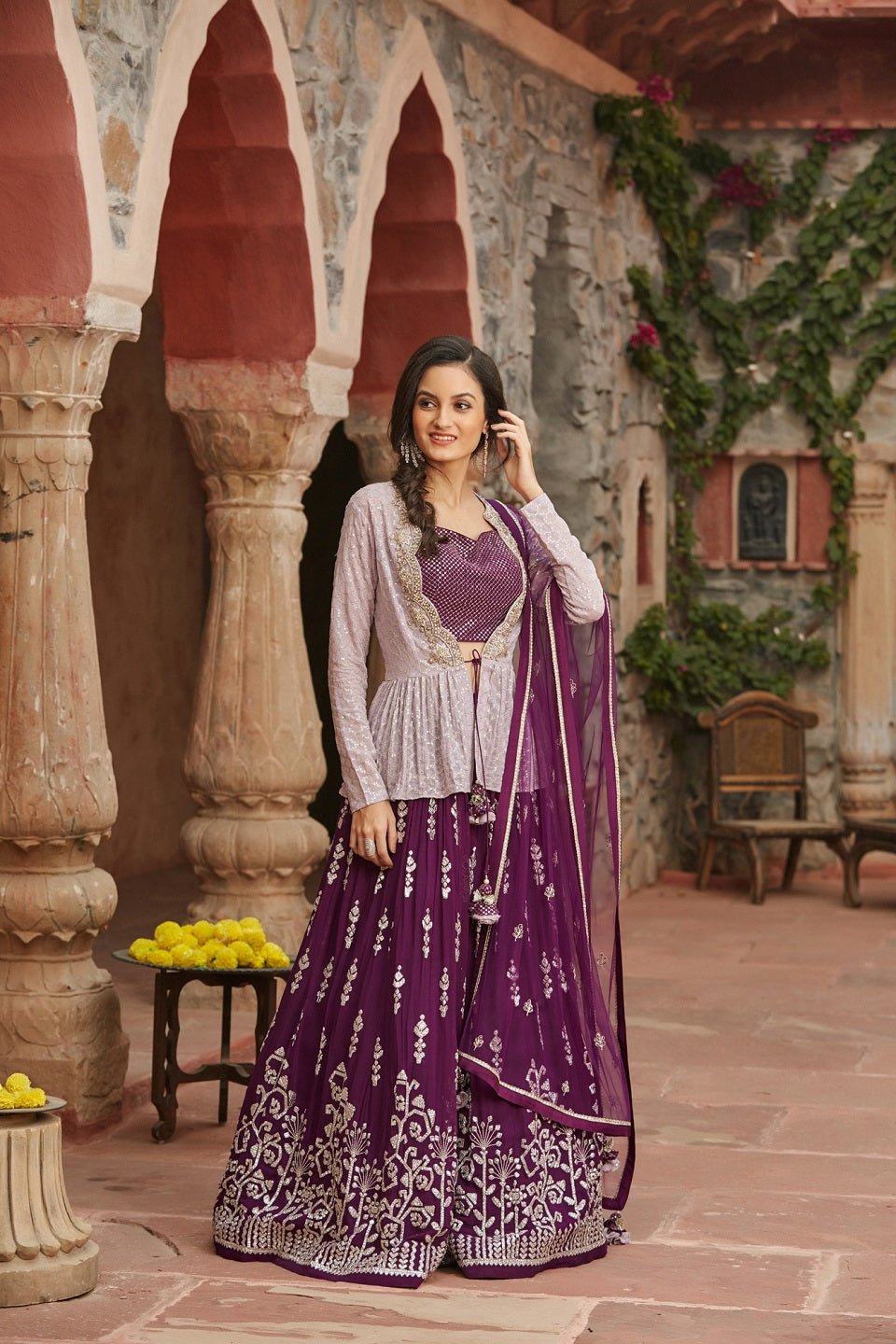 Buy stunning wine color embroidered lehenga online in USA with peplum jacket and dupatta. Elevate your ethnic style with a tasteful collection of designer Anarkali, designer salwar suits, designer lehengas, sharara suits from Pure Elegance Indian clothing store in USA.-front