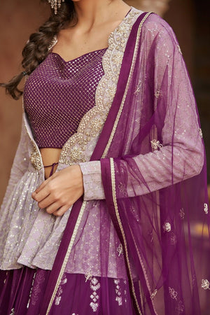 Buy stunning wine color embroidered lehenga online in USA with peplum jacket and dupatta. Elevate your ethnic style with a tasteful collection of designer Anarkali, designer salwar suits, designer lehengas, sharara suits from Pure Elegance Indian clothing store in USA.-closeup