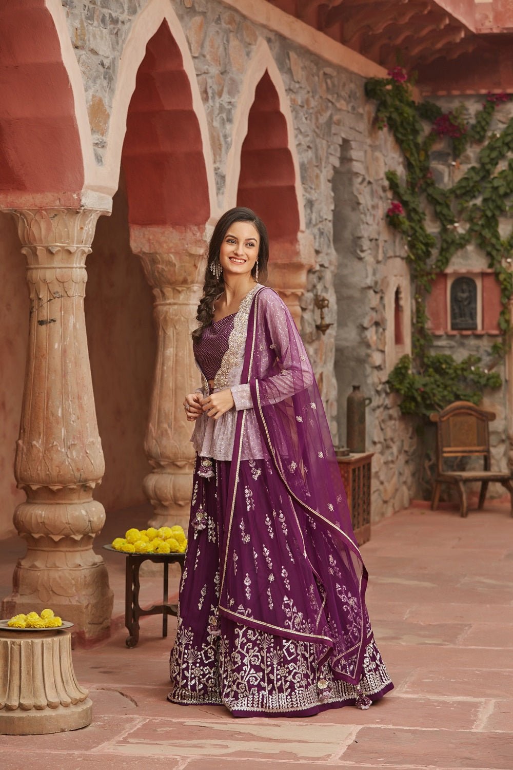 Buy stunning wine color embroidered lehenga online in USA with peplum jacket and dupatta. Elevate your ethnic style with a tasteful collection of designer Anarkali, designer salwar suits, designer lehengas, sharara suits from Pure Elegance Indian clothing store in USA.-full view