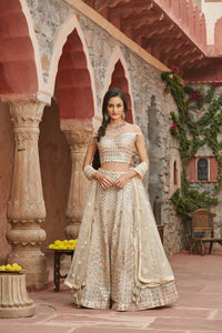 Buy beautiful ivory self embroidery chinon lehenga online in USA with dupatta. Elevate your ethnic style with a tasteful collection of designer Anarkali, designer salwar suits, designer lehengas, sharara suits from Pure Elegance Indian clothing store in USA.-full view