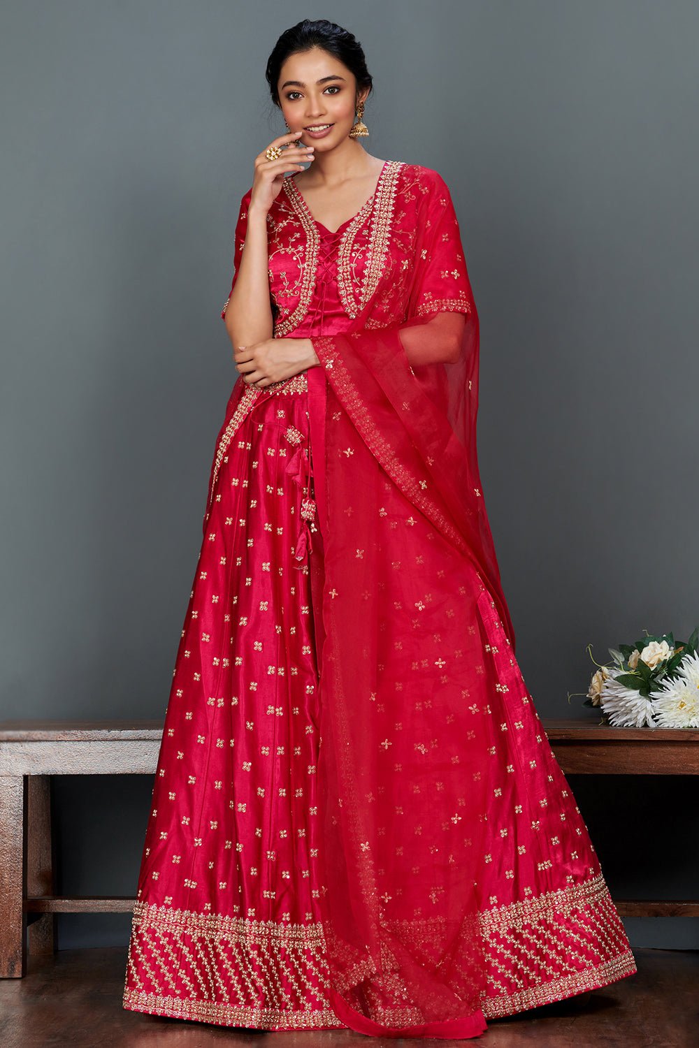 Shop stunning bright pink embroidered cotton lehenga set online in USA.  Make a fashion statement on festive occasions and weddings with designer suits, Indian dresses, Anarkali suits, palazzo suits, designer gowns, sharara suits from Pure Elegance Indian fashion store in USA.-full view