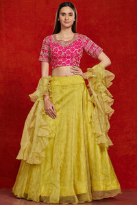Buy beautiful pink and lime green organza lehenga set online in USA with ruffle dupatta.  Make a fashion statement on festive occasions and weddings with designer suits, Indian dresses, Anarkali suits, palazzo suits, designer gowns, sharara suits from Pure Elegance Indian fashion store in USA.-full view