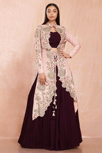 Buy beautiful wine color crop blouse and skirt online in USA with pink embroidered jacket.  Make a fashion statement on festive occasions and weddings with designer suits, Indian dresses, Anarkali suits, palazzo suits, designer gowns, sharara suits from Pure Elegance Indian fashion store in USA.-full view