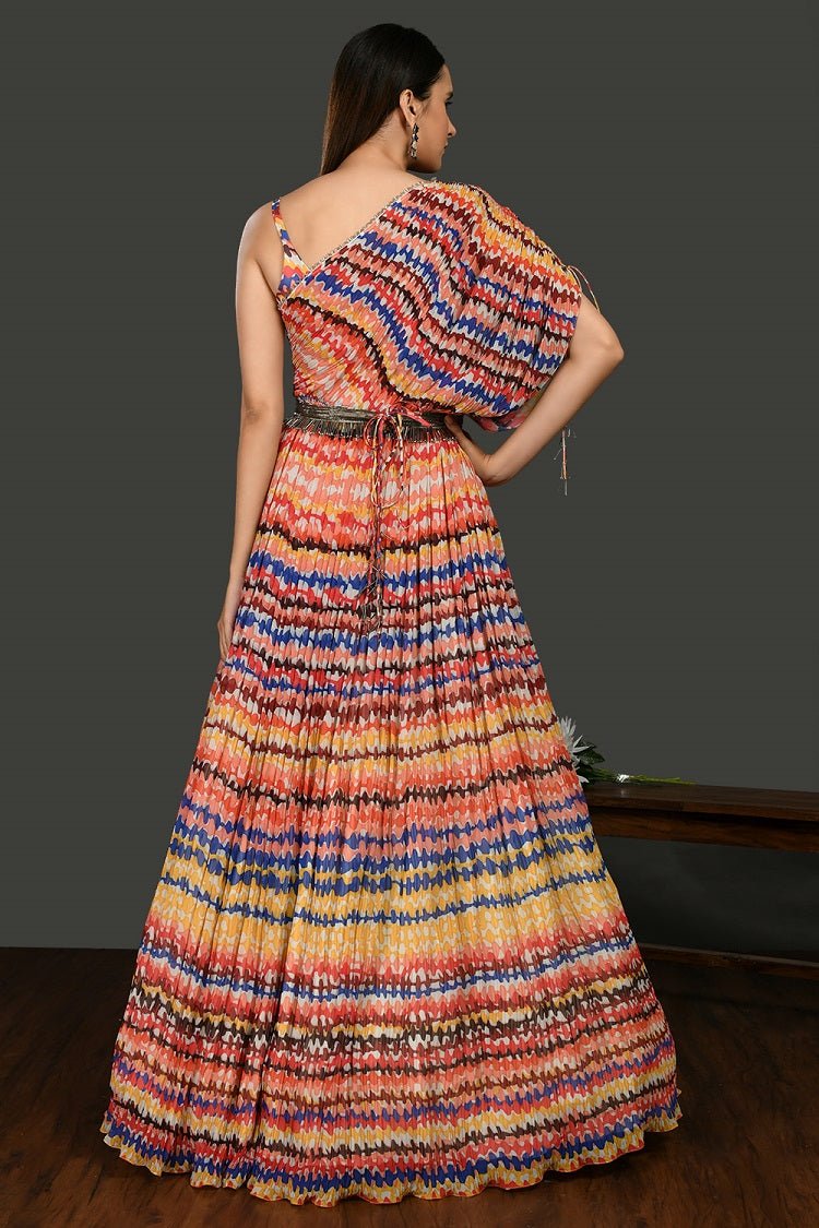 Shop stunning multicolor stone work designer gown online in USA. Dazzle on weddings and special occasions with exquisite Indian designer dresses, sharara suits, Anarkali suits, wedding lehengas from Pure Elegance Indian fashion store in USA.-back