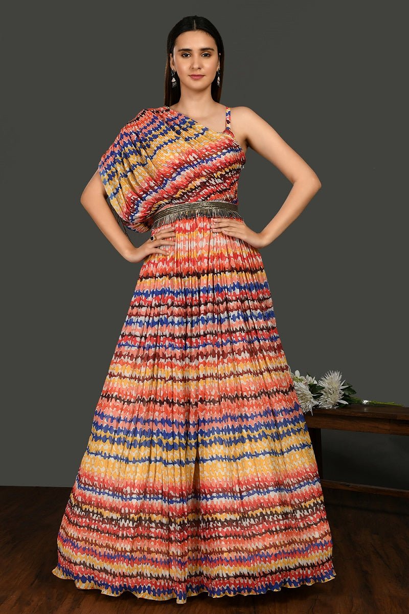 Shop stunning multicolor stone work designer gown online in USA. Dazzle on weddings and special occasions with exquisite Indian designer dresses, sharara suits, Anarkali suits, wedding lehengas from Pure Elegance Indian fashion store in USA.-full view
