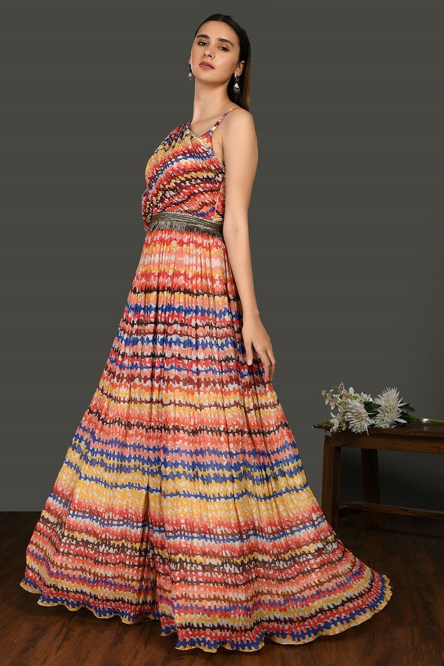 Shop stunning multicolor stone work designer gown online in USA. Dazzle on weddings and special occasions with exquisite Indian designer dresses, sharara suits, Anarkali suits, wedding lehengas from Pure Elegance Indian fashion store in USA.-side