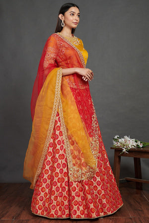 Buy stunning red and yellow embroidered cotton ghagra online in USA. Dazzle on weddings and special occasions with exquisite Indian designer dresses, sharara suits, Anarkali suits, wedding lehengas from Pure Elegance Indian fashion store in USA.-right
