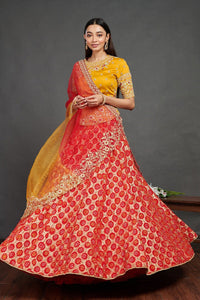 Buy stunning red and yellow embroidered cotton ghagra online in USA. Dazzle on weddings and special occasions with exquisite Indian designer dresses, sharara suits, Anarkali suits, wedding lehengas from Pure Elegance Indian fashion store in USA.-full view
