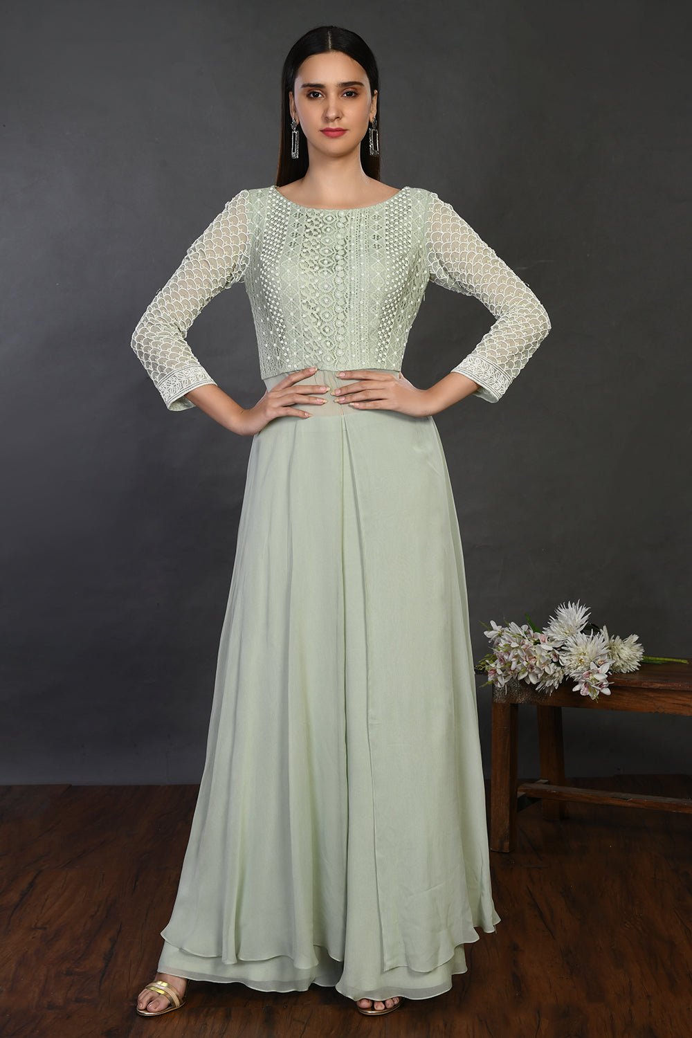 Buy gorgeous pista green embroidered front slit kurta online in USA with palazzo. Dazzle on weddings and special occasions with exquisite Indian designer dresses, sharara suits, Anarkali suits, wedding lehengas from Pure Elegance Indian fashion store in USA.-full view