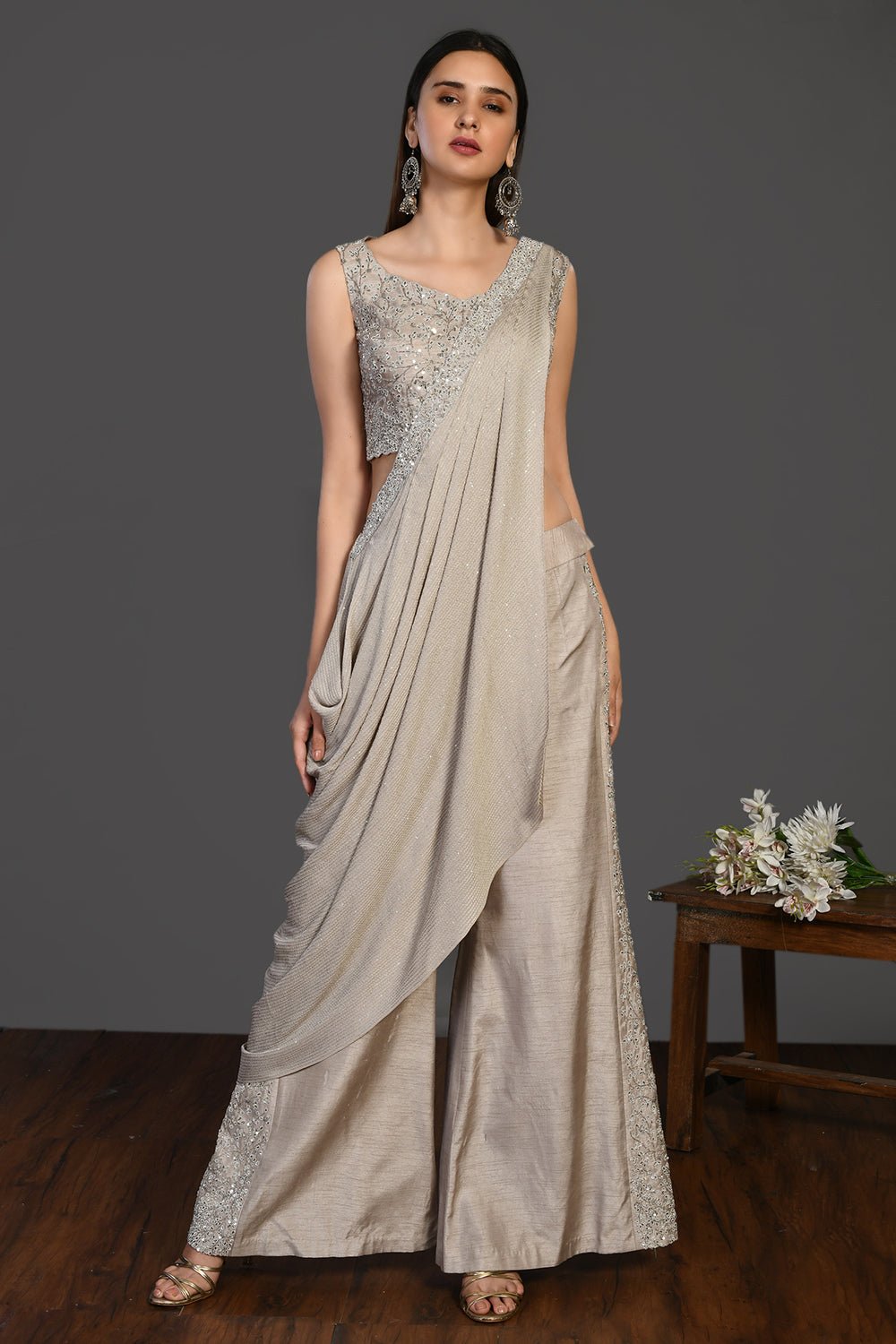 Shop stunning beige embroidered Indo-western dress online in USA. Dazzle on weddings and special occasions with exquisite Indian designer dresses, sharara suits, Anarkali suits, wedding lehengas from Pure Elegance Indian fashion store in USA.-full view