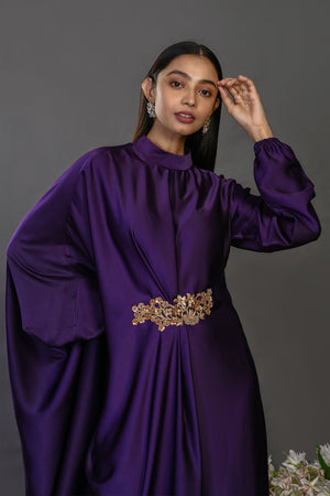 Shop stunning purple Indo-western draped dress online in USA. Dazzle on weddings and special occasions with exquisite Indian designer dresses, sharara suits, Anarkali suits, wedding lehengas from Pure Elegance Indian fashion store in USA.-closeup