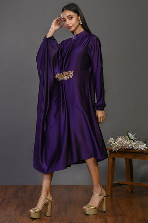 Shop stunning purple Indo-western draped dress online in USA. Dazzle on weddings and special occasions with exquisite Indian designer dresses, sharara suits, Anarkali suits, wedding lehengas from Pure Elegance Indian fashion store in USA.-left