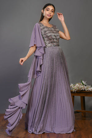 Buy stunning mauve designer gown online in USA with embroidered bodice. Dazzle on weddings and special occasions with exquisite Indian designer dresses, sharara suits, Anarkali suits, wedding lehengas from Pure Elegance Indian fashion store in USA.-side