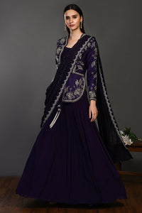 Shop gorgeous dark blue draped designer gown online in USA with jacket. Dazzle on weddings and special occasions with exquisite Indian designer dresses, sharara suits, Anarkali suits, wedding lehengas from Pure Elegance Indian fashion store in USA.-full view