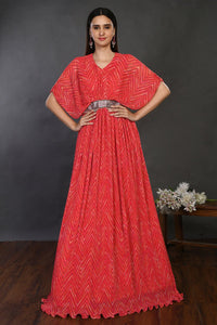 Shop stunning pink belted designer gown online in USA. Dazzle on weddings and special occasions with exquisite Indian designer dresses, sharara suits, Anarkali suits, wedding lehengas from Pure Elegance Indian fashion store in USA.-full view