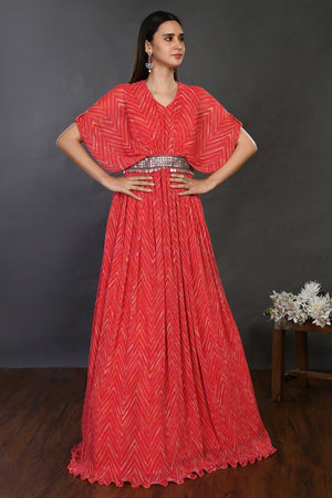 Shop stunning pink belted designer gown online in USA. Dazzle on weddings and special occasions with exquisite Indian designer dresses, sharara suits, Anarkali suits, wedding lehengas from Pure Elegance Indian fashion store in USA.-front