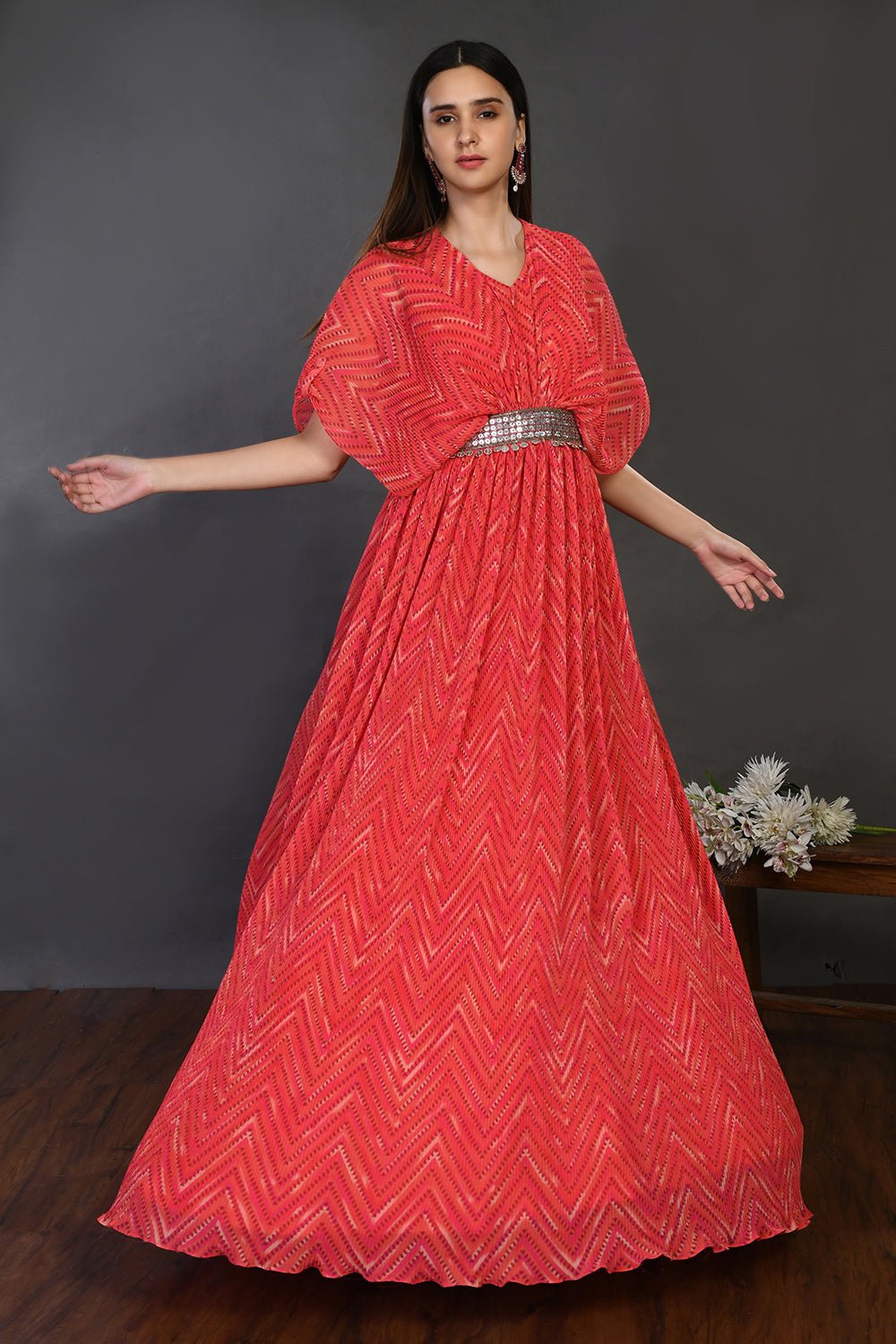 Shop stunning pink belted designer gown online in USA. Dazzle on weddings and special occasions with exquisite Indian designer dresses, sharara suits, Anarkali suits, wedding lehengas from Pure Elegance Indian fashion store in USA.-ghera