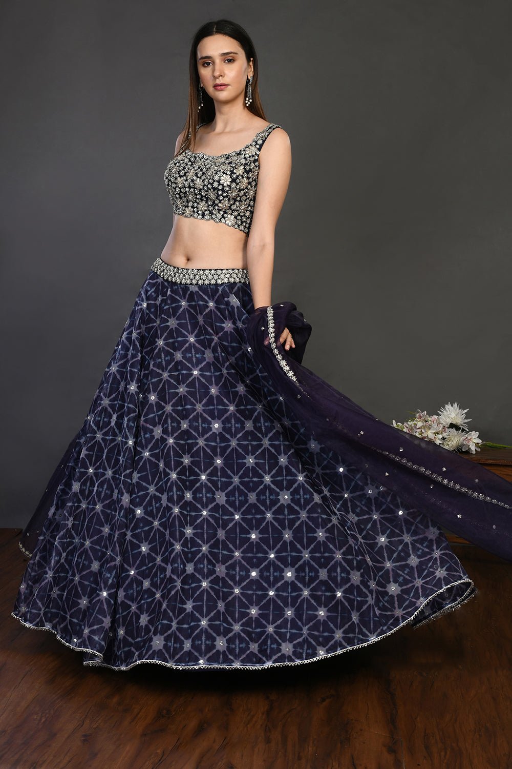 Buy gorgeous blue embroidered designer lehenga online in USA with dupatta. Dazzle on weddings and special occasions with exquisite Indian designer dresses, sharara suits, Anarkali suits, wedding lehengas from Pure Elegance Indian fashion store in USA.-full view