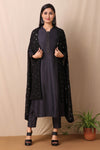 Shop this beautiful this set of blue embroidered patti kurta and narrow plazo with black georgette dupatta from Pure Elegance. Complete the look by wearing statement jewellery and heels. Light up your ethnic collection of clothing with this kurta palazzo set from Pure elegance. It's woven from a fabric that's airy and uber soft against your skin.  Pair it up with statement jewellery to complete your look from Pure Elegance Indian clothing store in USA online now.-Full view.