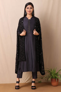 Shop this beautiful this set of blue embroidered patti kurta and narrow plazo with black georgette dupatta from Pure Elegance. Complete the look by wearing statement jewellery and heels. Light up your ethnic collection of clothing with this kurta palazzo set from Pure elegance. It's woven from a fabric that's airy and uber soft against your skin.  Pair it up with statement jewellery to complete your look from Pure Elegance Indian clothing store in USA online now.-Full view.