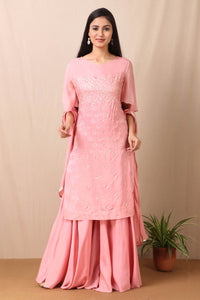 Shop beautiful set of set of Pink Upadda Silk with Satin Organza Sharara and Tabby Dupatta and Tonal Sequins Motifs, lace around the neckline with beautiful tassels on it from Pure Elegance. Light up your ethnic collection of clothing with this kurta and sharara from Pure elegance. It's woven from a fabric that's airy and uber soft against your skin. Pair it up with statement jewellery to complete your look from Pure Elegance Indian clothing store in USA online now.-Full view.