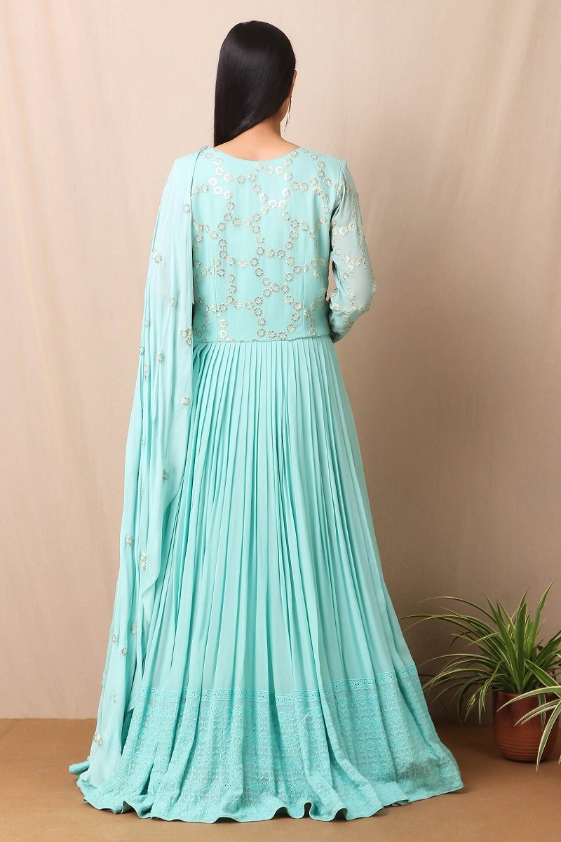 Shop Teal Blue Georgette Anarkali Suit| Thread Embroidery Online in USA Shop Teal Blue Georgette Anarkali Suit| Thread Embroidery Online in USA