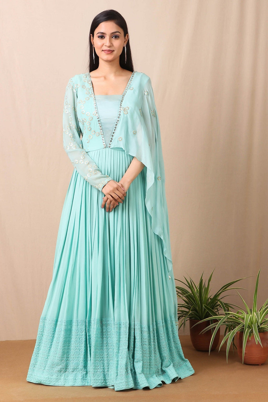 Shop gorgeous teal blue anarkali suit online in USA with thread embroidery and dupatta. Get festive ready in beautiful designer Anarkali suits, designer lehenga, wedding gowns, sharara suits, designer sarees from Pure Elegance Indian fashion store in USA.-Full view.