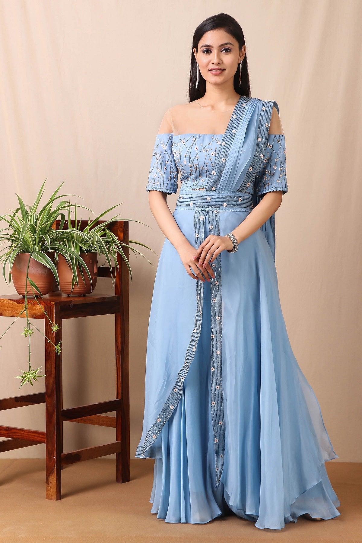 50Z423-RO Sky Blue Embroidered Georgette Dress With Sharara and Cut Dana On Drape 50Z423-RO Sky Blue Embroidered Georgette Dress With Sharara and Cut Dana On Drape