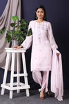 Shop this gorgeous lilac satin organza pakistani cut suit with crepe dhoti with mirror work with lace edging all over. This beautiful satin organza material outfit showcases beautiful sleeves with lace work on it. Style this set of suit with a pair of diamond earrings and solid pumps to finish the look from Pure Elegance Indian fashion store in USA online now.-Full view.