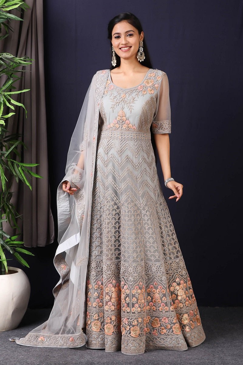 50Z441-RO Grey Embroidered Net Anarkali with Heavy Dupatta 50Z441-RO Grey Embroidered Net Anarkali with Heavy Dupatta
