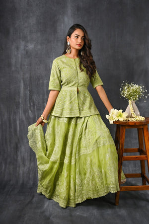 Buy this pista green pure silk organza peplum lehenga from Pure Elegance featuring intricate  tonal thread embroidery and slight shimmer work. Made with premium quality pure silk organza fabric, this set contains a choli, a lehenga. Pair it up with statement jewellery to complete your lookbook this season. Style this set with a pair of diamond earrings and solid pumps to finish the look from Pure Elegance  Indian clothing store in USA online now.-Full view.