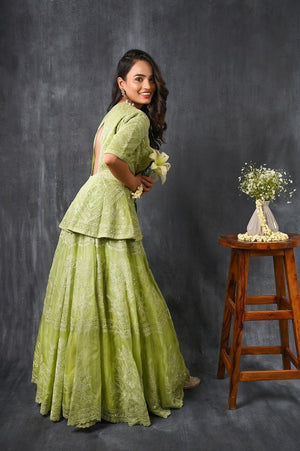 Buy this pista green pure silk organza peplum lehenga from Pure Elegance featuring intricate  tonal thread embroidery and slight shimmer work. Made with premium quality pure silk organza fabric, this set contains a choli, a lehenga. Pair it up with statement jewellery to complete your lookbook this season. Style this set with a pair of diamond earrings and solid pumps to finish the look from Pure Elegance  Indian clothing store in USA online now.-Back view.